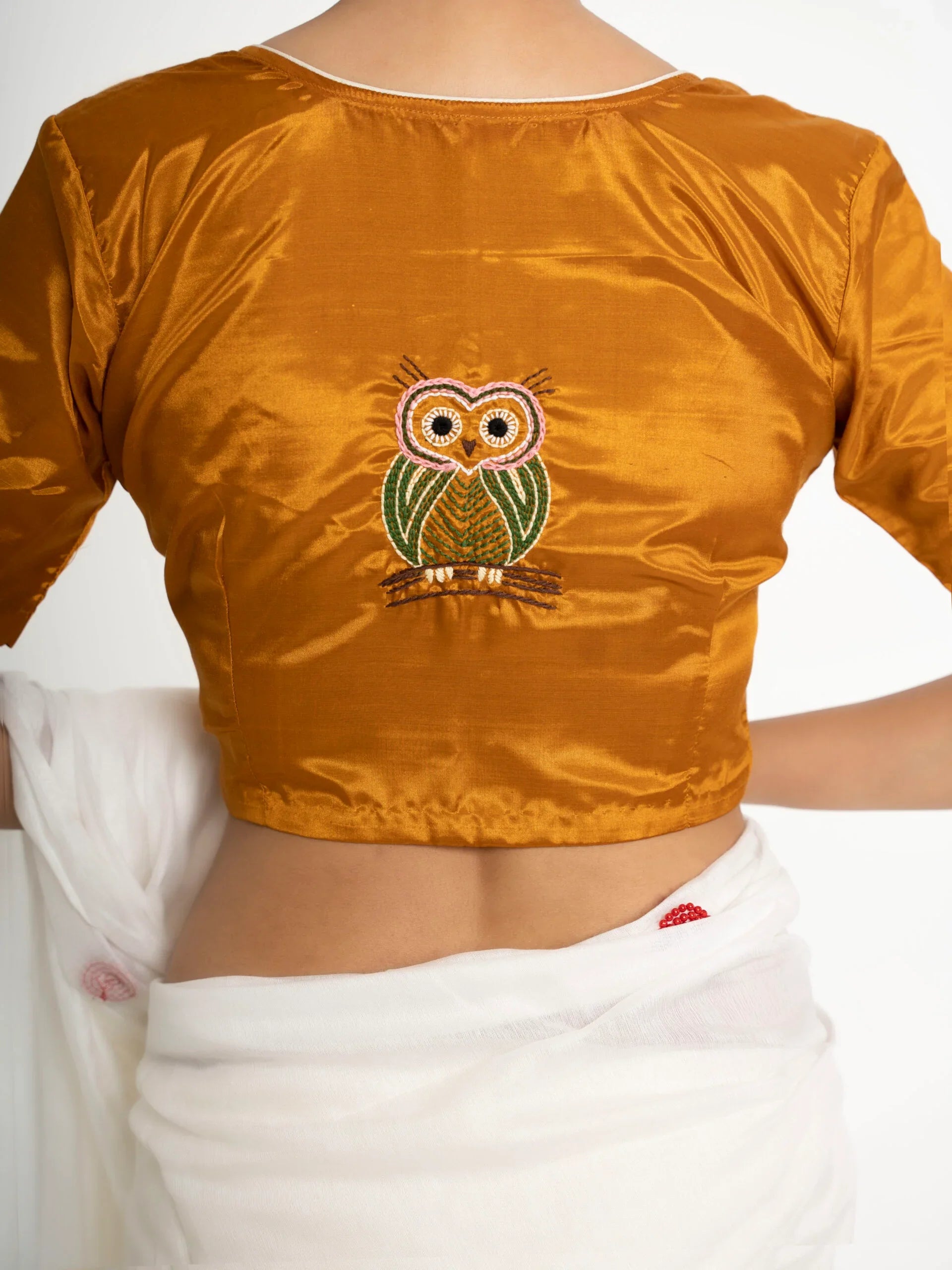 Chirpy Owl ā Golden Cotton Silk Hand Embroidered Blouse (Non-Padded) - Kozylook